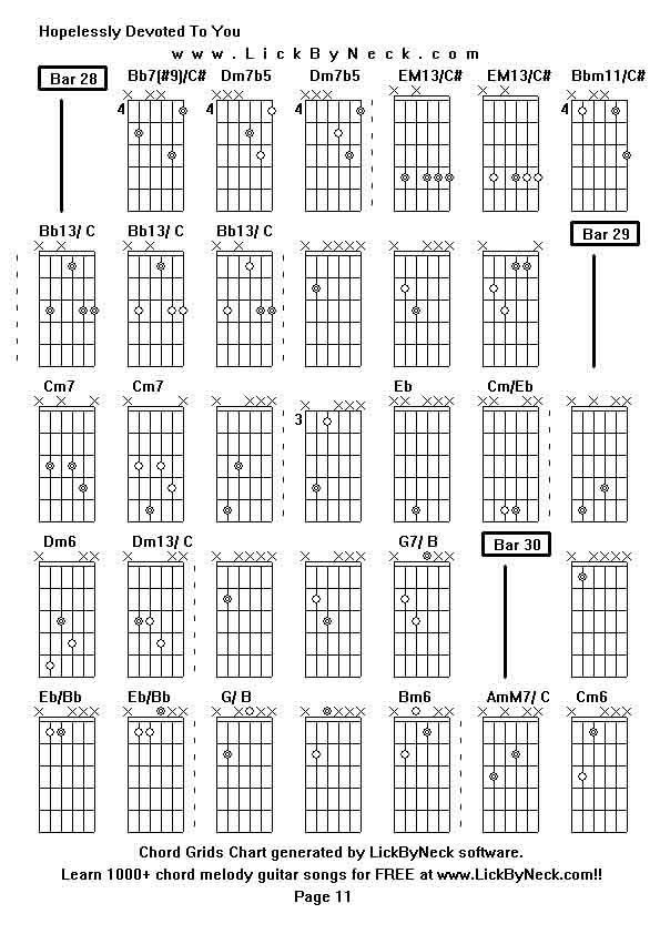 Chord Grids Chart of chord melody fingerstyle guitar song-Hopelessly Devoted To You,generated by LickByNeck software.